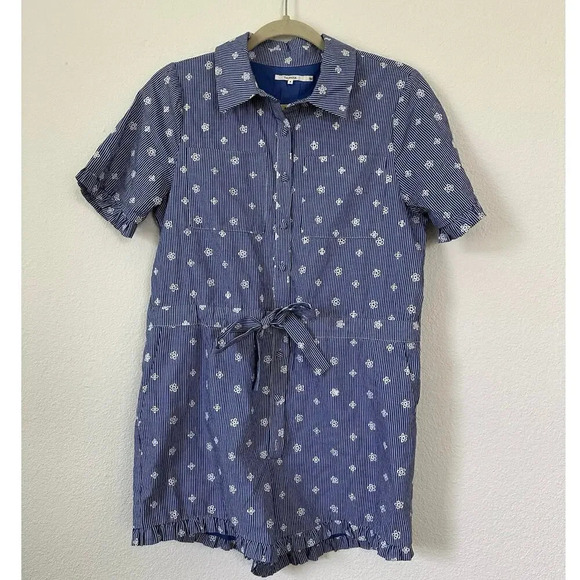 Tularosa Revolve Embroidered Romper chambray eyelet denim button down game day - Picture 2 of 7